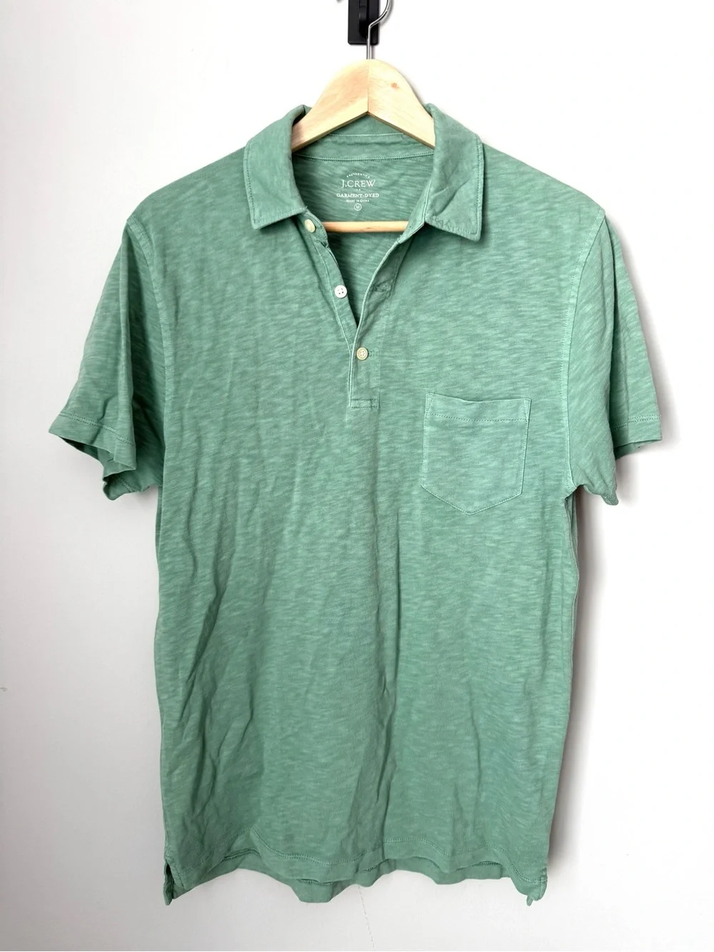 J. Crew Men's Green Garment Dyed Short-Sleeve Polo with Chest Pocket